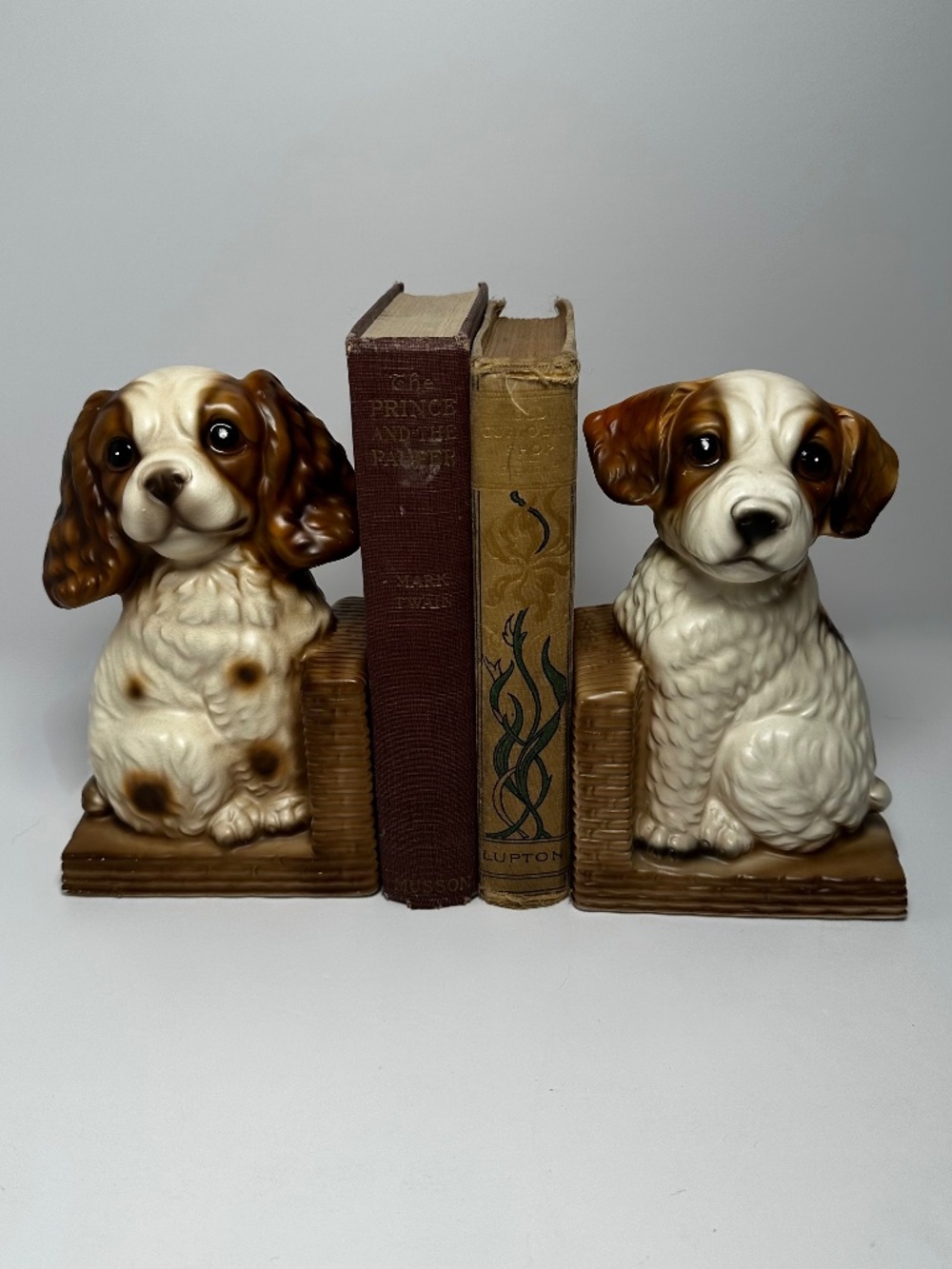 Vintage Ceramic Puppy Dog Bookends Brown Cream Fillable Sand Weighted Pair